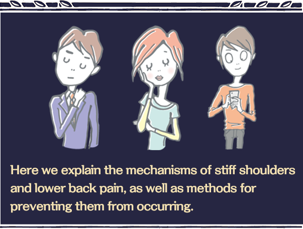 Here we explain the mechanisms of stiff shoulders and lower back pain, as well as methods for preventing them from occurring.